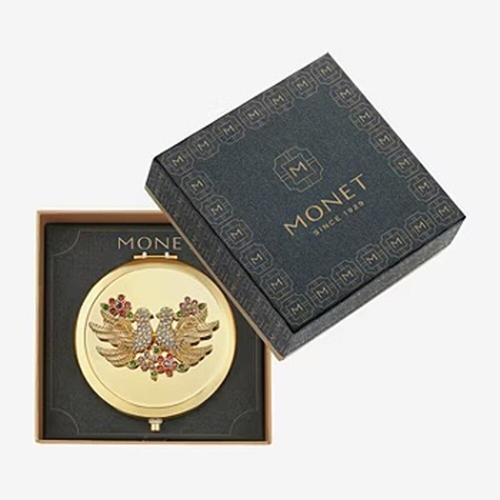 New MONET Compact Mirror Love Bird Dove Gold Tone Floral in Box Rhinestones - Picture 5 of 5